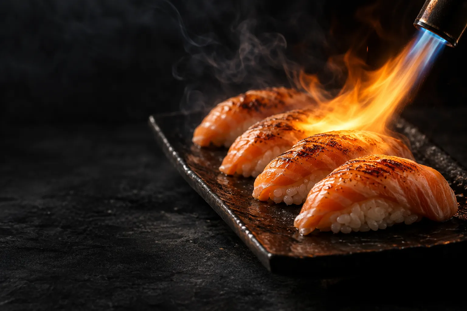 Composición creativa de sushi al fuego